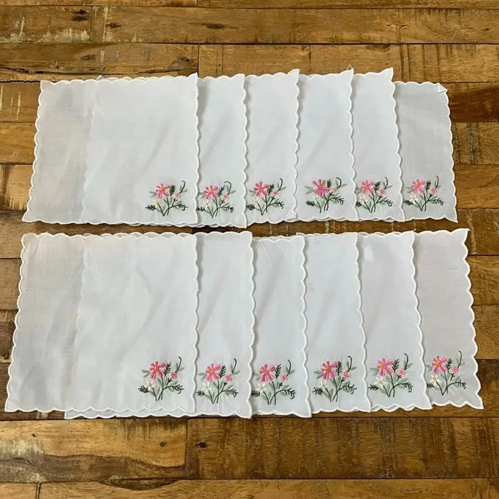 Vintage Pink Floral Embroidered Tea Napkin Set 12 Scallop Edge 6 in x 6 in